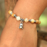 Natural Yellow Quartz Round Beads Stretch Bracelet in Sterling Silver Teddy Bear